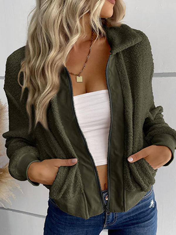 New fashion women's solid color long-sleeved lapel sherpa jacket - THE QUEEN RUNWAY