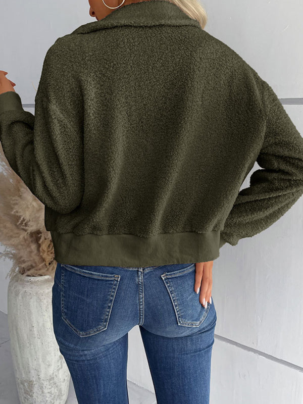 New fashion women's solid color long-sleeved lapel sherpa jacket - THE QUEEN RUNWAY