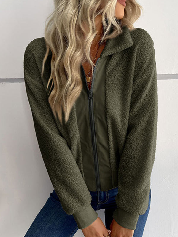 New fashion women's solid color long-sleeved lapel sherpa jacket - THE QUEEN RUNWAY