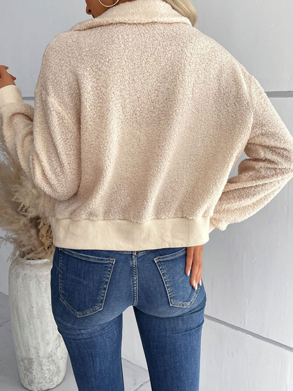 New fashion women's solid color long-sleeved lapel sherpa jacket - THE QUEEN RUNWAY