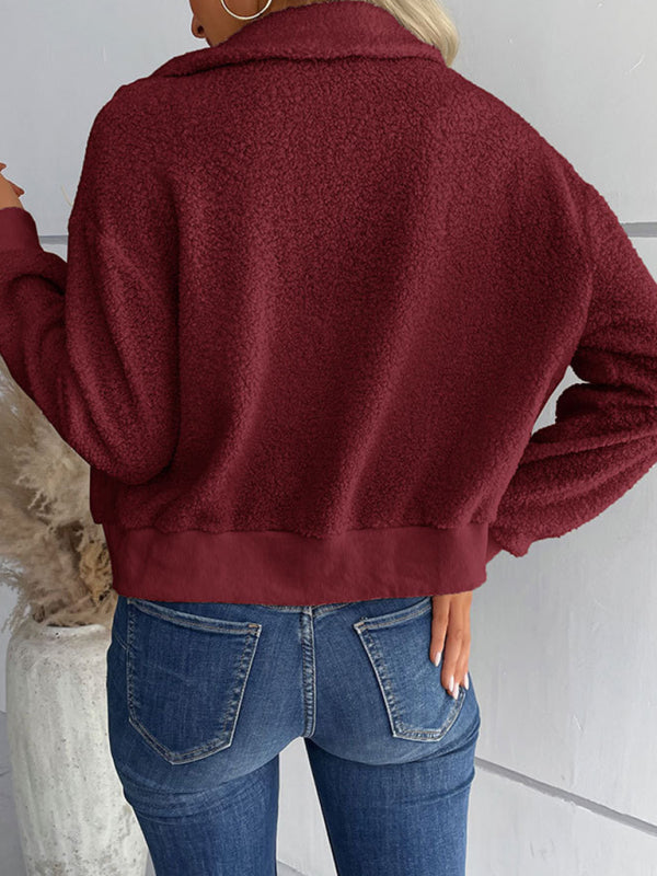 New fashion women's solid color long-sleeved lapel sherpa jacket - THE QUEEN RUNWAY
