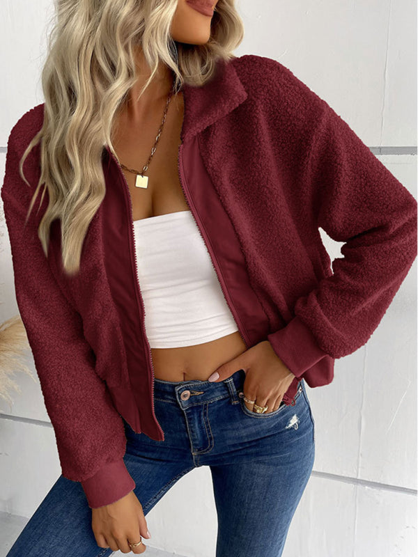 New fashion women's solid color long-sleeved lapel sherpa jacket - THE QUEEN RUNWAY