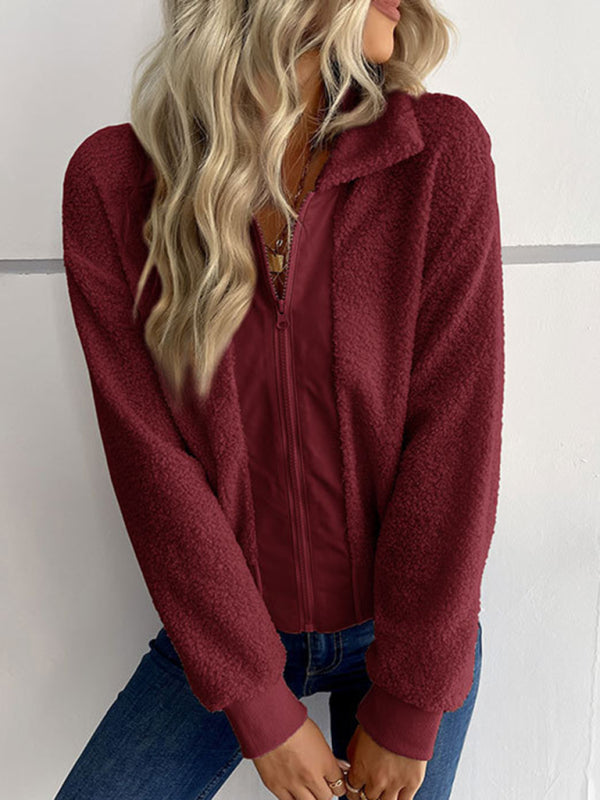 New fashion women's solid color long-sleeved lapel sherpa jacket - THE QUEEN RUNWAY
