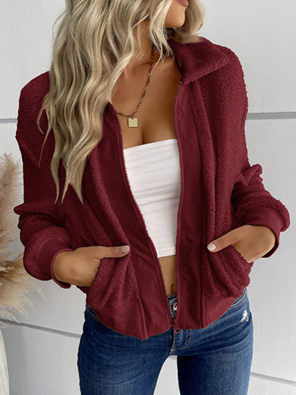 New fashion women's solid color long-sleeved lapel sherpa jacket - THE QUEEN RUNWAY