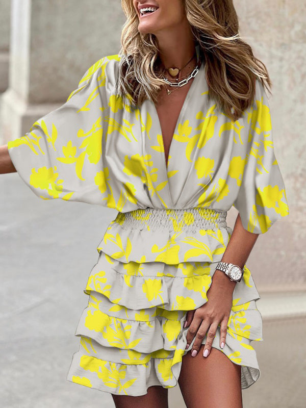 Dolman sleeve V-neck print irregular hem dress - THE QUEEN RUNWAY