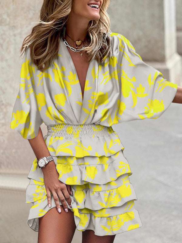 Dolman sleeve V-neck print irregular hem dress - THE QUEEN RUNWAY