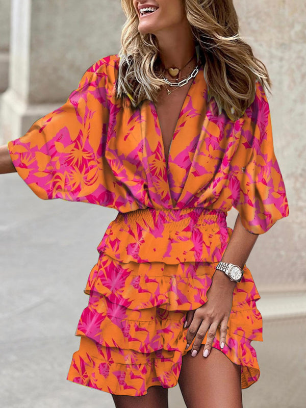 Dolman sleeve V-neck print irregular hem dress - THE QUEEN RUNWAY