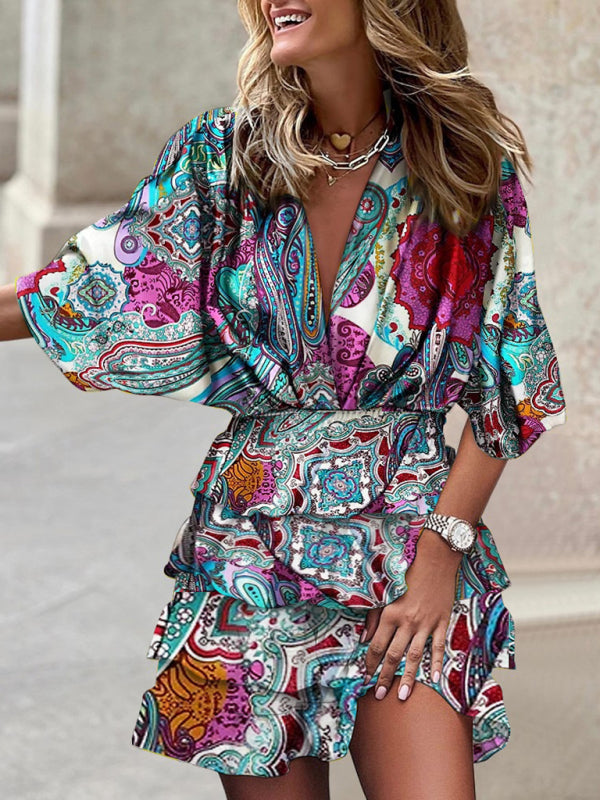 Dolman sleeve V-neck print irregular hem dress - THE QUEEN RUNWAY