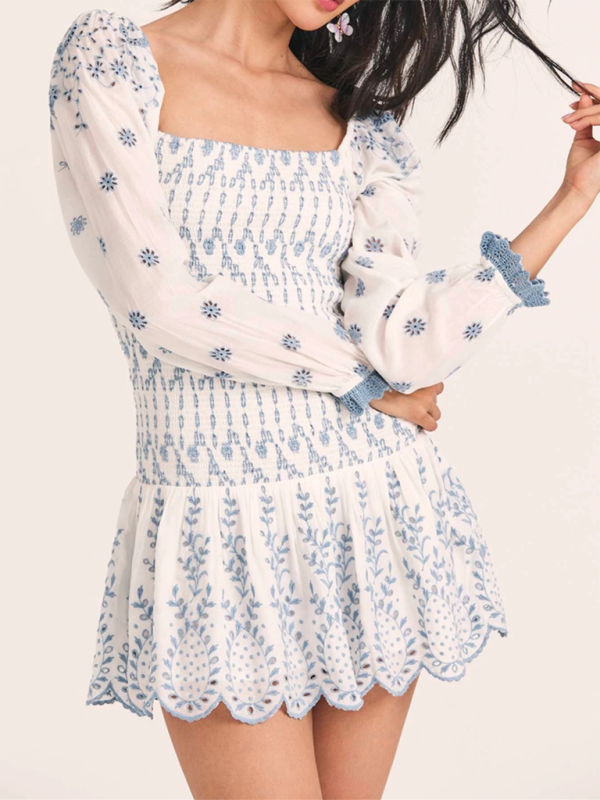 Blue and White Porcelain Embroidered Bodycon Dress - THE QUEEN RUNWAY