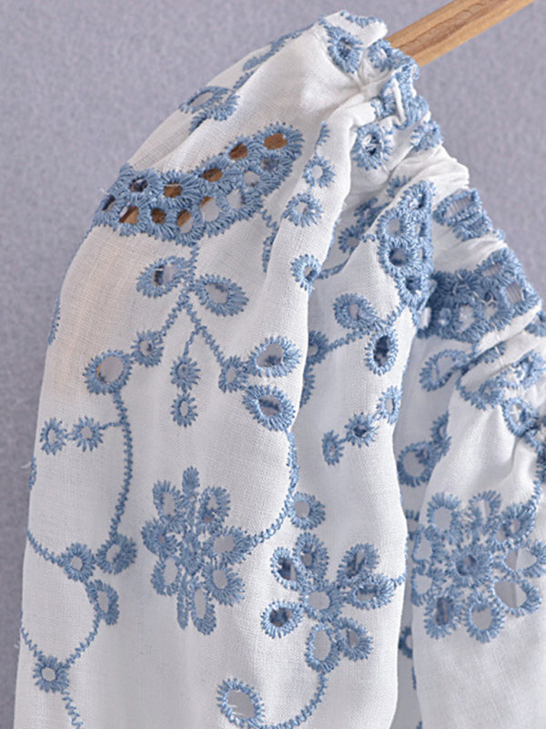 Blue and White Porcelain Embroidered Bodycon Dress - THE QUEEN RUNWAY