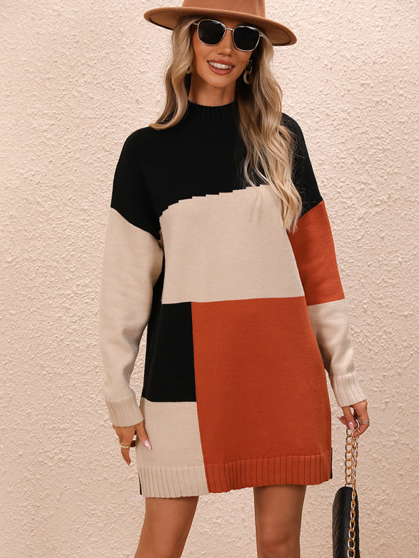 Women's Casual Color Block Dress Crew Neck Knit Long Sweater - THE QUEEN RUNWAY