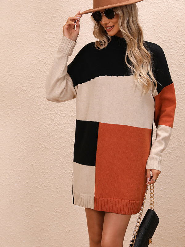 Women's Casual Color Block Dress Crew Neck Knit Long Sweater - THE QUEEN RUNWAY