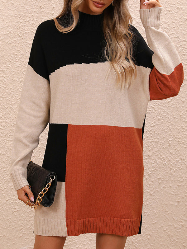 Women's Casual Color Block Dress Crew Neck Knit Long Sweater - THE QUEEN RUNWAY