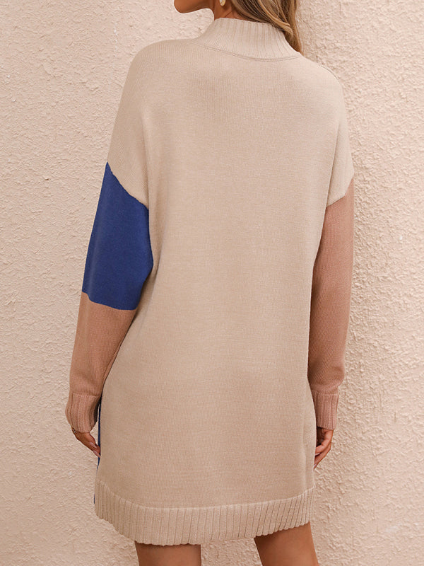 Women's Casual Color Block Dress Crew Neck Knit Long Sweater - THE QUEEN RUNWAY