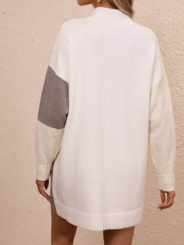 Women's Casual Color Block Dress Crew Neck Knit Long Sweater - THE QUEEN RUNWAY