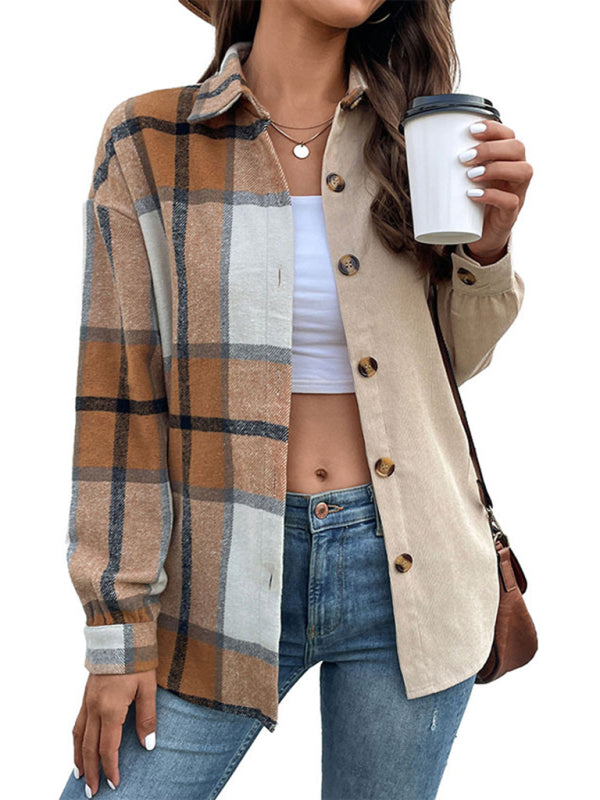 Women's autumn new long-sleeved plaid color block jacket - THE QUEEN RUNWAY