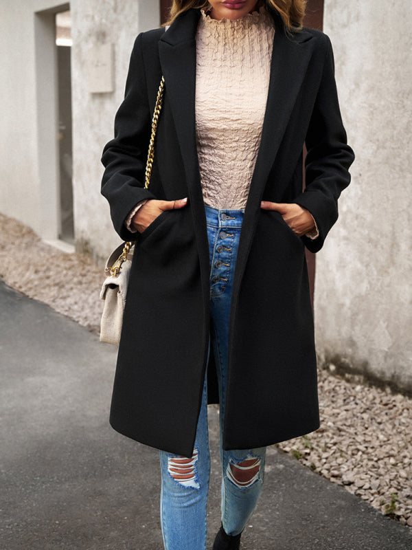 Women's fashion woolen coat solid color temperament commuter cardigan coat - THE QUEEN RUNWAY