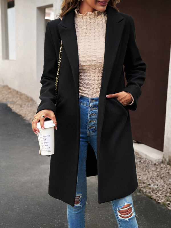 Women's fashion woolen coat solid color temperament commuter cardigan coat - THE QUEEN RUNWAY
