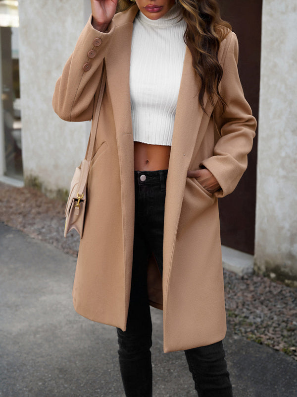 Women's fashion woolen coat solid color temperament commuter cardigan coat - THE QUEEN RUNWAY