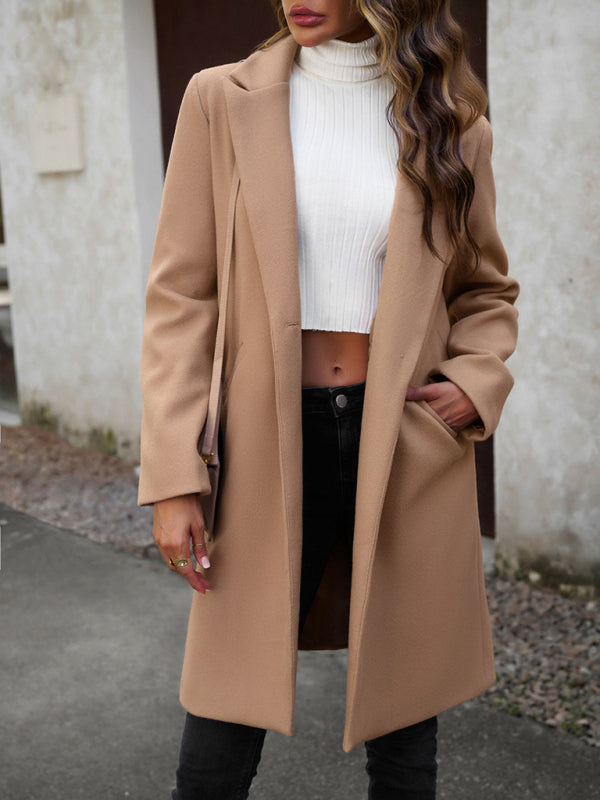Women's fashion woolen coat solid color temperament commuter cardigan coat - THE QUEEN RUNWAY