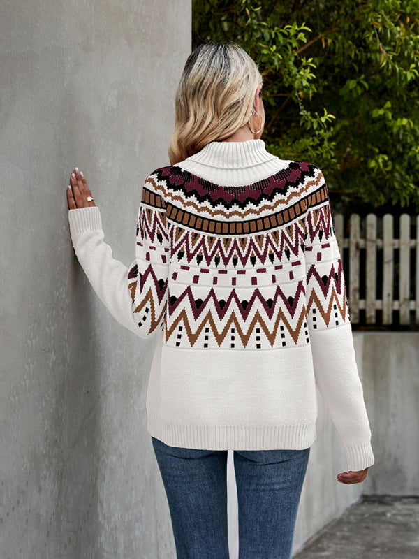 Women's Vintage Stripe Stitching Contrast Color Sweater Halloween Turtleneck Sweater - THE QUEEN RUNWAY