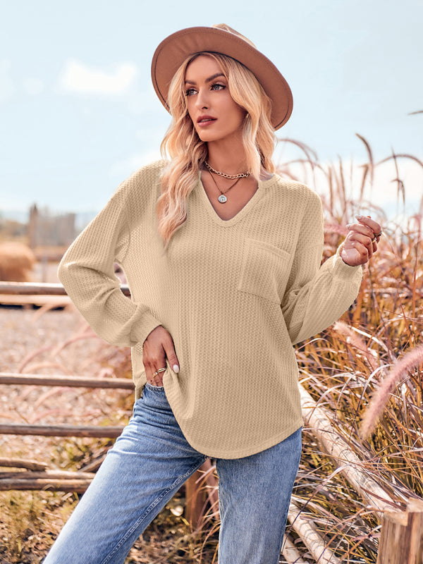 V Neck Casual Slim Long Sleeve Top with Pockets - THE QUEEN RUNWAY