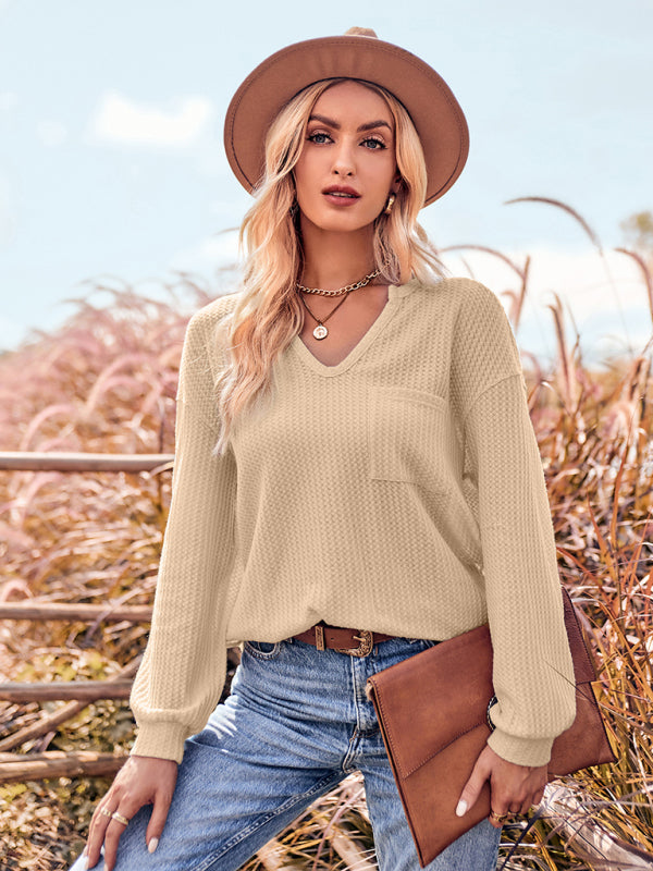 V Neck Casual Slim Long Sleeve Top with Pockets - THE QUEEN RUNWAY