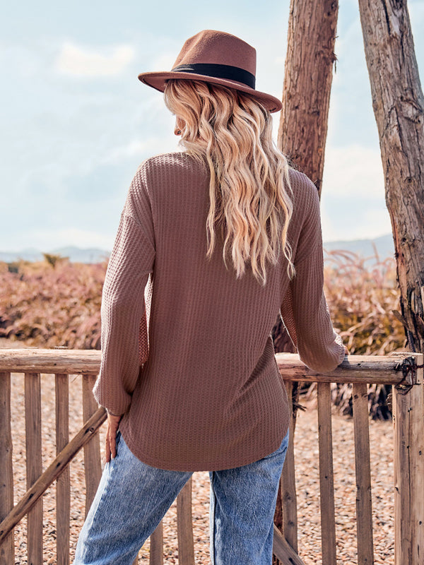 V Neck Casual Slim Long Sleeve Top with Pockets - THE QUEEN RUNWAY