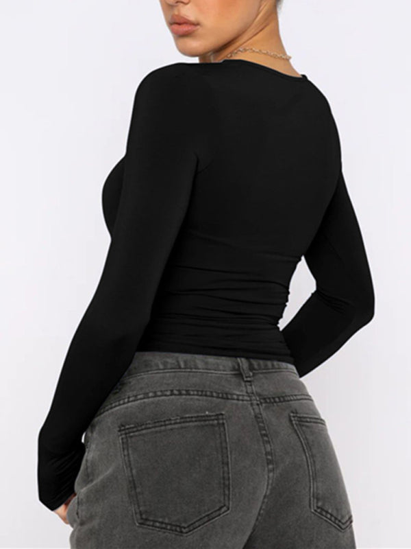 Solid color slim fit pullover t-shirt women's streetwear bottoming shirt top - THE QUEEN RUNWAY