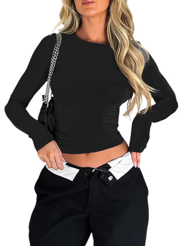 Solid color slim fit pullover t-shirt women's streetwear bottoming shirt top - THE QUEEN RUNWAY