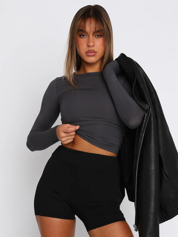 Solid color slim fit pullover t-shirt women's streetwear bottoming shirt top - THE QUEEN RUNWAY