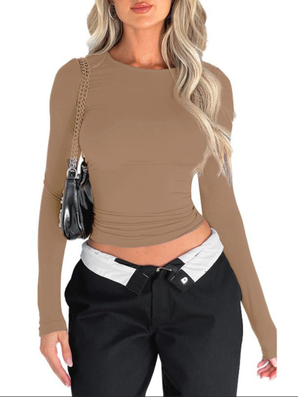 Solid color slim fit pullover t-shirt women's streetwear bottoming shirt top - THE QUEEN RUNWAY