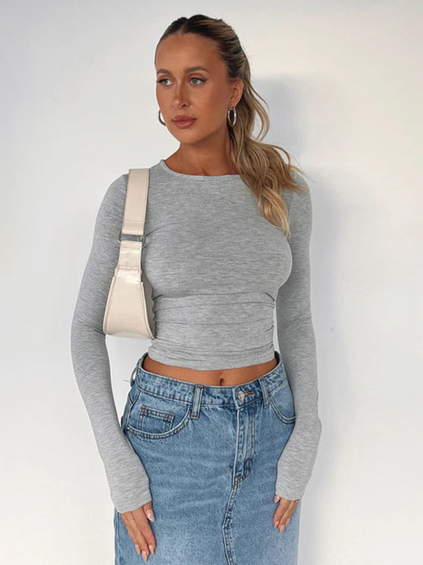 Solid color slim fit pullover t-shirt women's streetwear bottoming shirt top - THE QUEEN RUNWAY