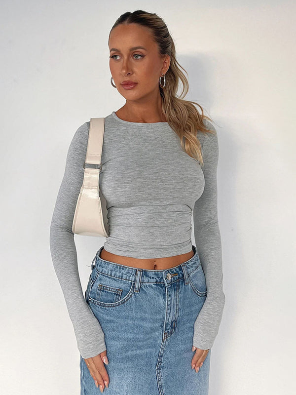 Solid color slim fit pullover t-shirt women's streetwear bottoming shirt top - THE QUEEN RUNWAY