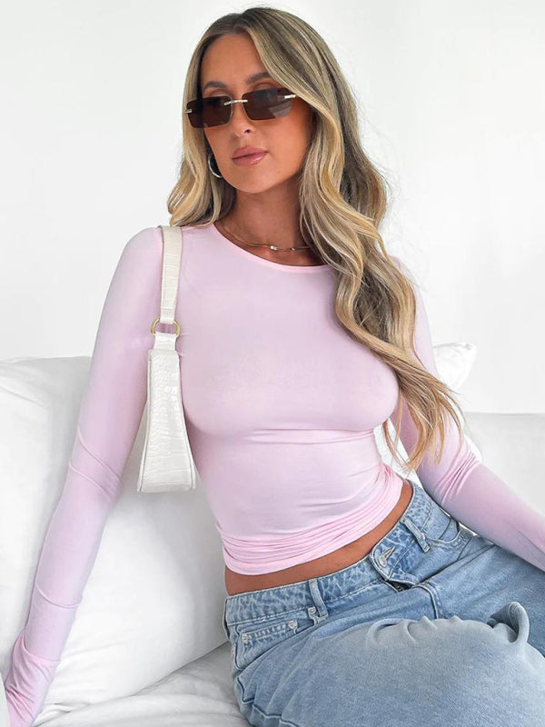 Solid color slim fit pullover t-shirt women's streetwear bottoming shirt top - THE QUEEN RUNWAY