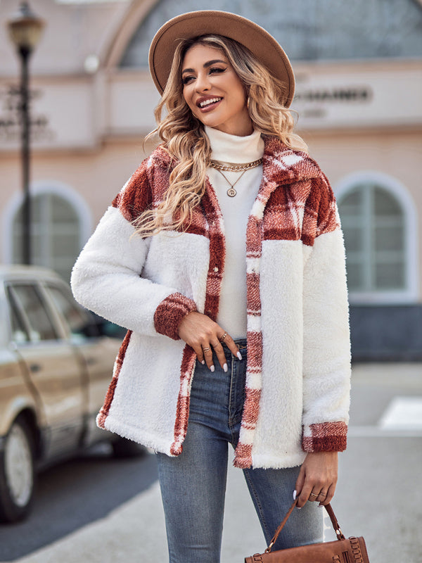Women's spliced lapel loose long sleeve plush coat - THE QUEEN RUNWAY