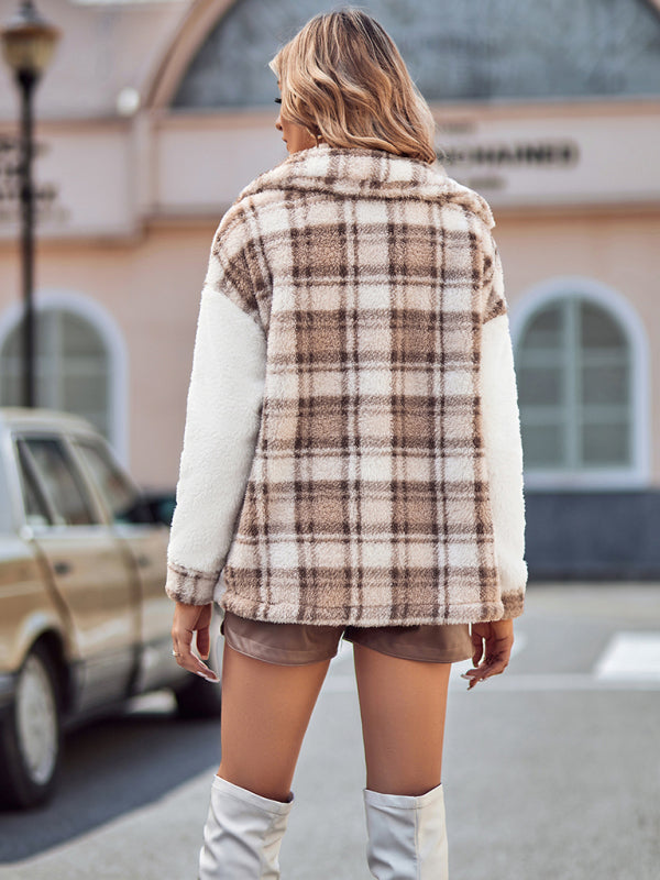 Women's spliced lapel loose long sleeve plush coat - THE QUEEN RUNWAY