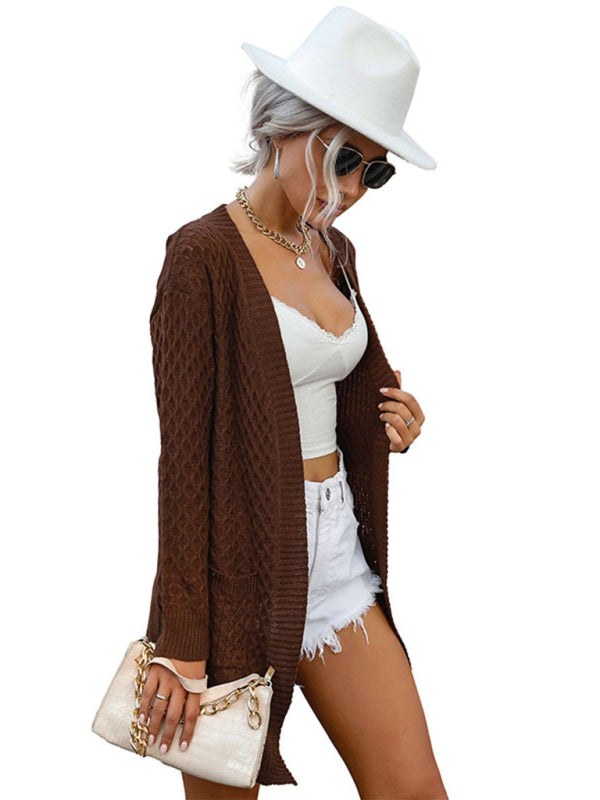 Fashionable women's solid color mid-length long-sleeved twist sweater cardigan - THE QUEEN RUNWAY