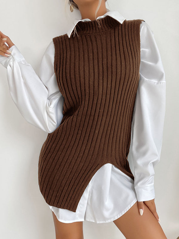 Women's Slit Solid Color Mid-Length Vest Sweater - THE QUEEN RUNWAY