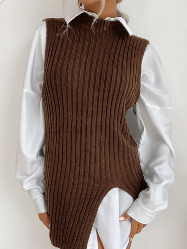 Women's Slit Solid Color Mid-Length Vest Sweater - THE QUEEN RUNWAY