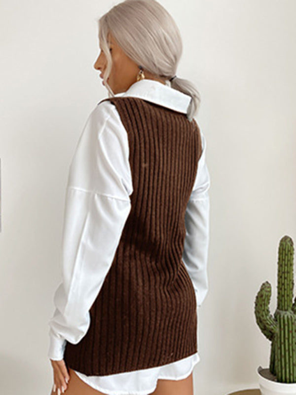 Women's Slit Solid Color Mid-Length Vest Sweater - THE QUEEN RUNWAY