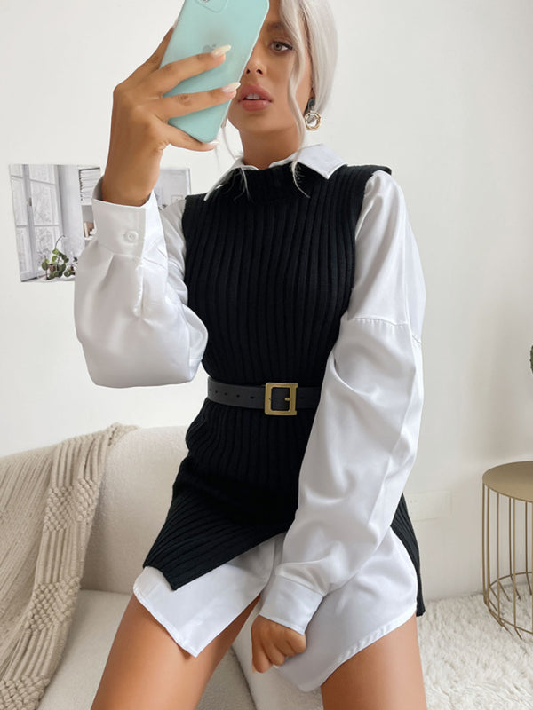 Women's Slit Solid Color Mid-Length Vest Sweater - THE QUEEN RUNWAY