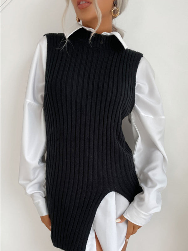 Women's Slit Solid Color Mid-Length Vest Sweater - THE QUEEN RUNWAY