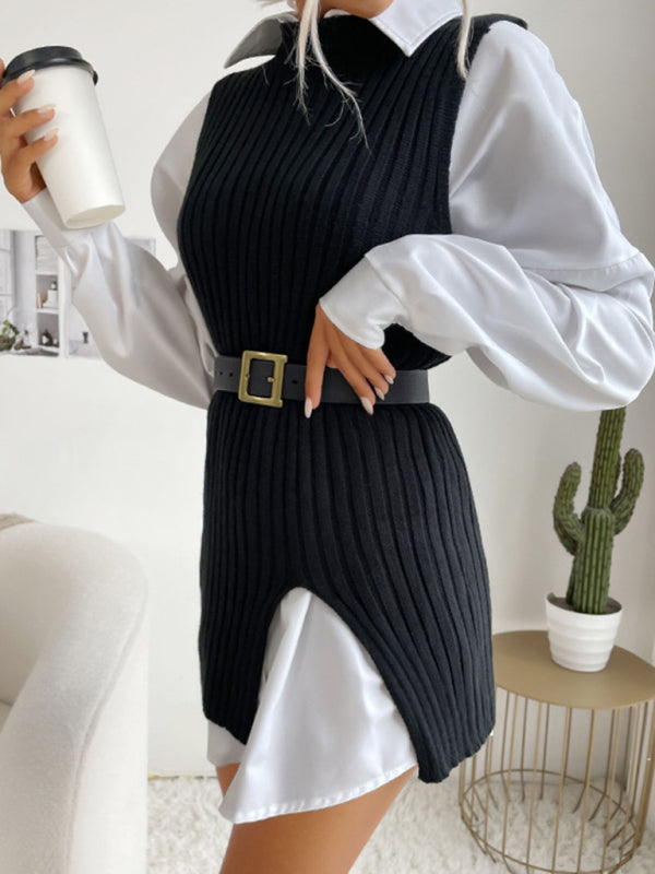 Women's Slit Solid Color Mid-Length Vest Sweater - THE QUEEN RUNWAY