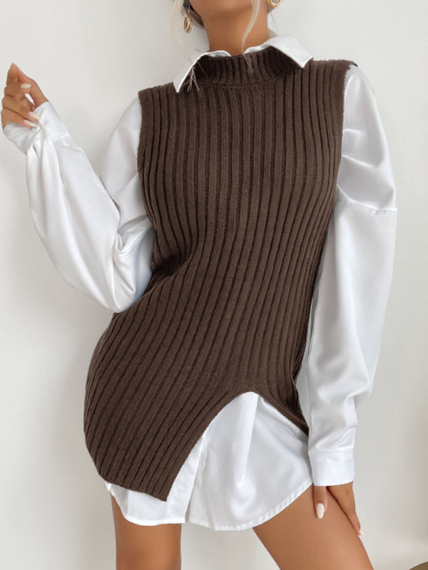 Women's Slit Solid Color Mid-Length Vest Sweater - THE QUEEN RUNWAY