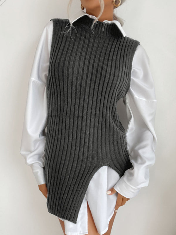 Women's Slit Solid Color Mid-Length Vest Sweater - THE QUEEN RUNWAY