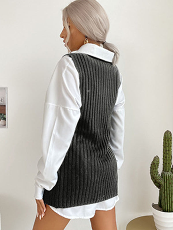 Women's Slit Solid Color Mid-Length Vest Sweater - THE QUEEN RUNWAY