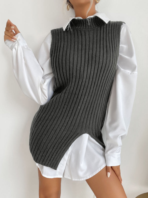Women's Slit Solid Color Mid-Length Vest Sweater - THE QUEEN RUNWAY