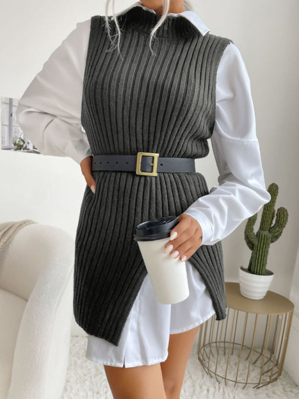 Women's Slit Solid Color Mid-Length Vest Sweater - THE QUEEN RUNWAY