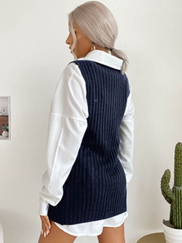 Women's Slit Solid Color Mid-Length Vest Sweater - THE QUEEN RUNWAY